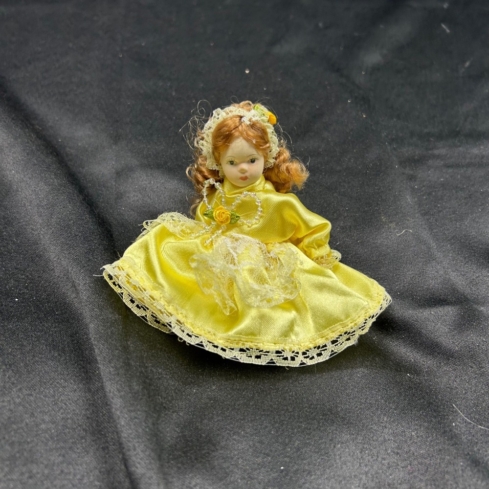 Miniature Porcelain Doll Yellow Satin Lace Dress Auburn Hair Collectible 4 inch